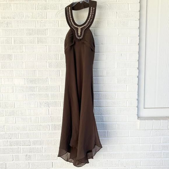 Max & Cleo Brown Silk Halter Beaded  Bib Dress - Picture 1 of 4